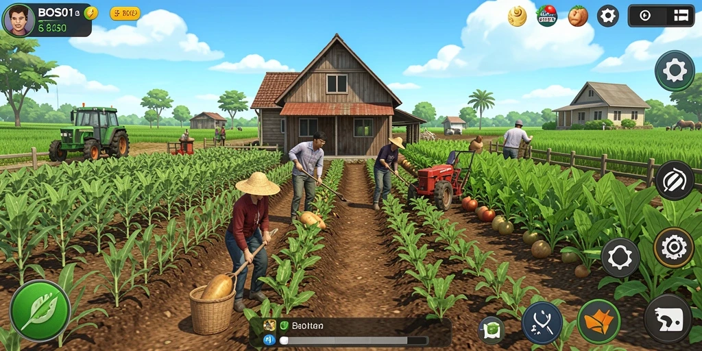 Tangkapan layar gameplay BOS01 menunjukkan keseruan bertani dan merawat tanaman.