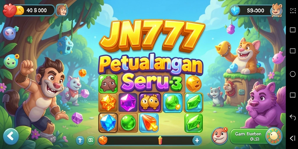 Tangkapan layar gameplay JNT777 dengan permata berwarna-warni dan level yang penuh tantangan.