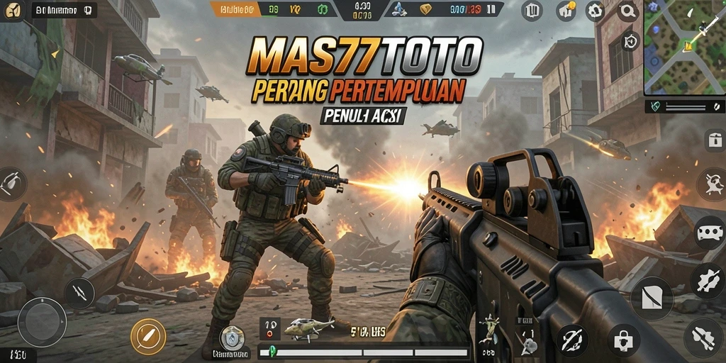 Tampilan aksi mendebarkan gameplay MAS77TOTO dengan pertarungan FPS yang intens.