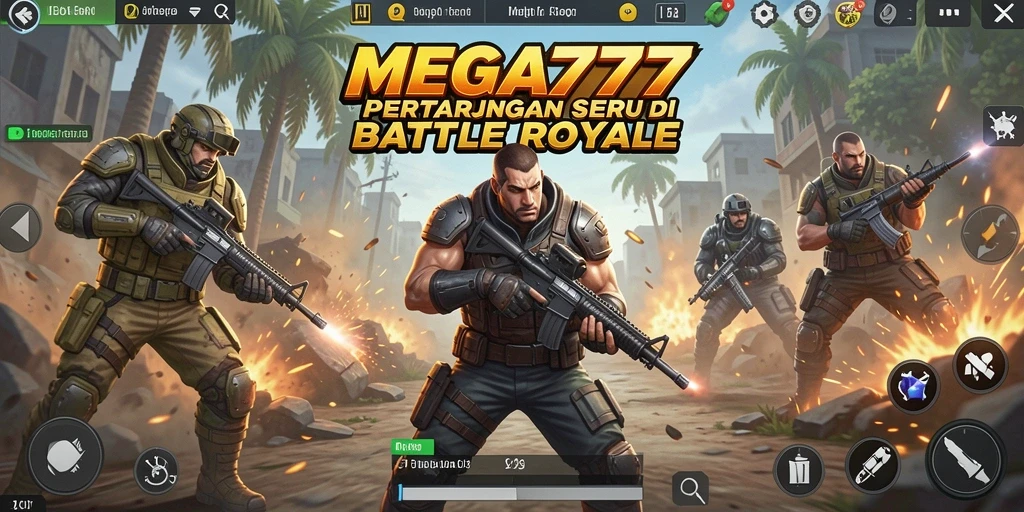 Screenshot gameplay utama MEGA777 menampilkan aksi Battle Royale yang mendebarkan.