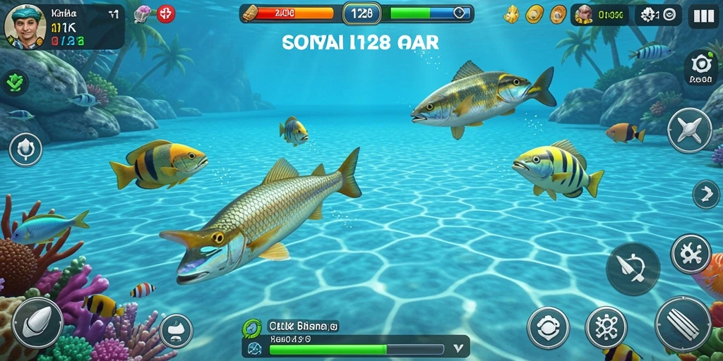 Gameplay seru OLX128 dengan berbagai ikan untuk ditembak.