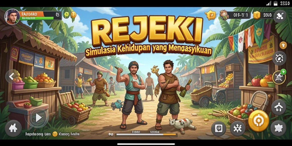 Tangkapan layar gameplay REJEKI yang menunjukkan aktivitas kehidupan virtual.